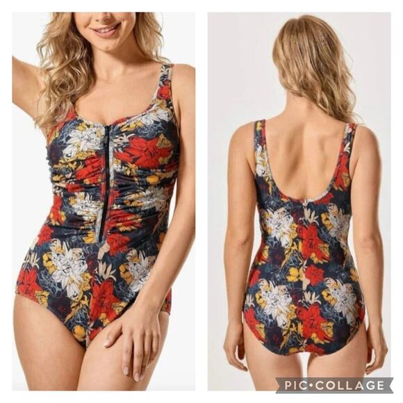 Delimira Other - Delimira Floral Zip Front One Piece Swimsuit Tummy Control Size 14W